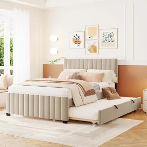 Elegant Full Size Velvet Upholstered Platform Bed with Twin Size Trundle for Stylish Sleepovers, Beige