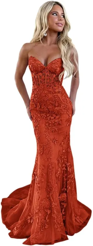 Elegant Lace Prom Dresses Long Strapless Corset Formal Evening Dress for Women Ball Gown Party RO119