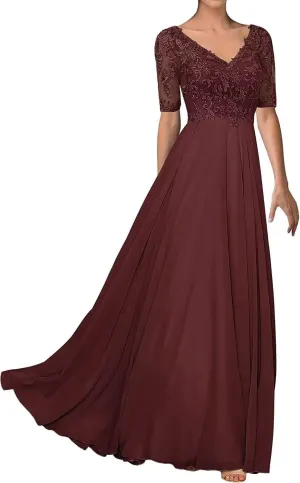 Elegant Mother of Bride Dress V-Neck Formal Evening Party Dresses Chiffon Laces Mother of The Groom Dresses Plus Size