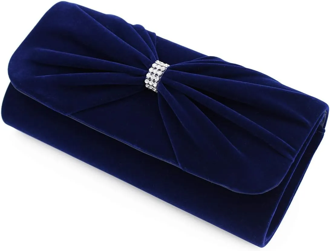 Elegant Rhinestone Bow Front Velvet Clutch Evening Bag Handbag