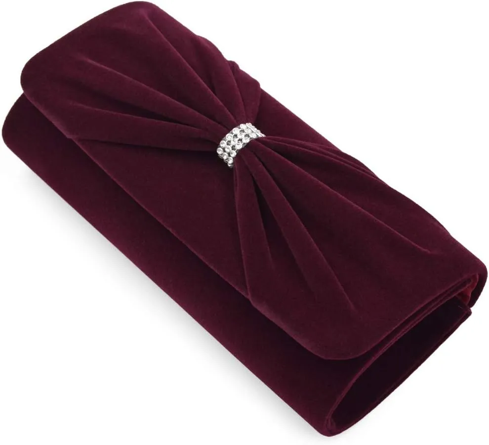 Elegant Rhinestone Bow Front Velvet Clutch Evening Bag Handbag