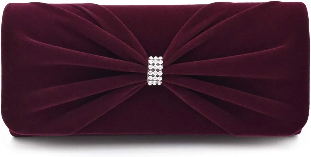 Elegant Rhinestone Bow Front Velvet Clutch Evening Bag Handbag
