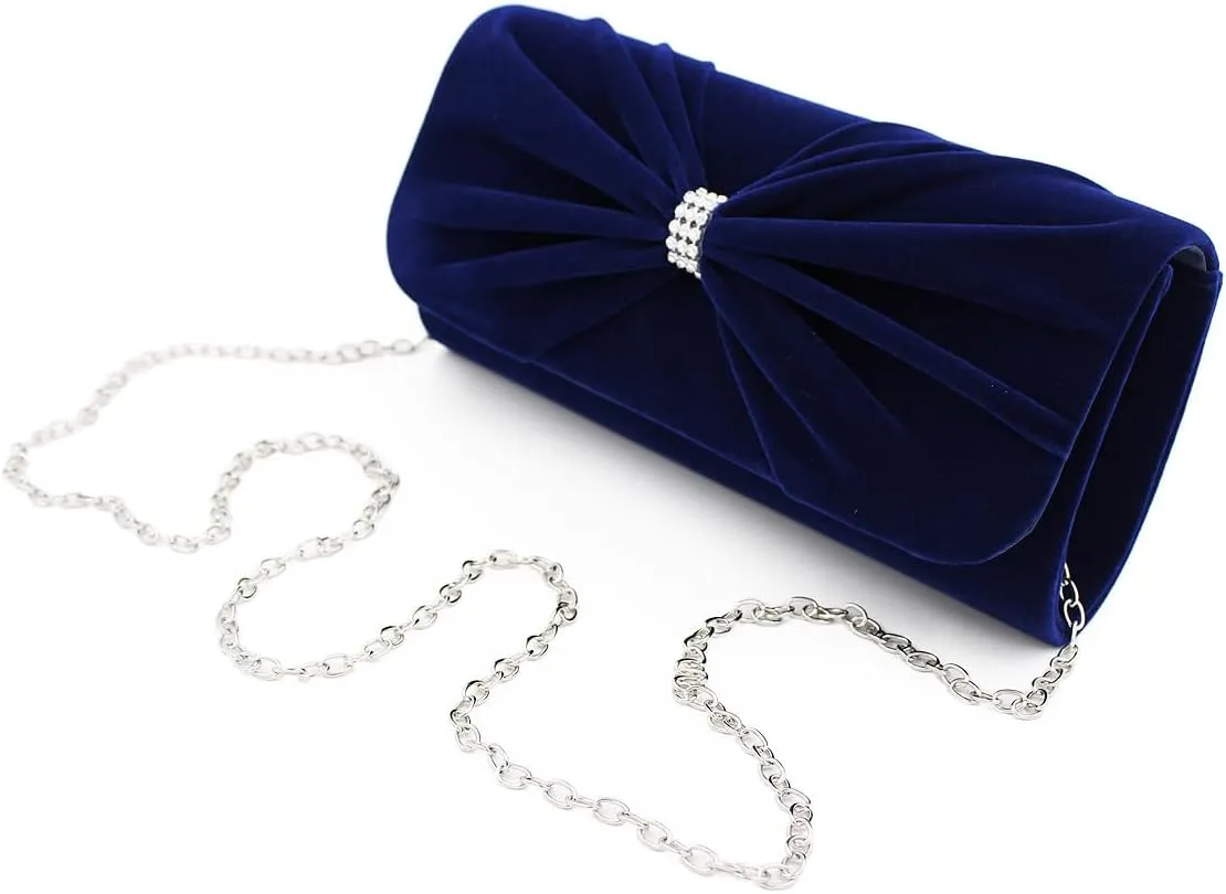 Elegant Rhinestone Bow Front Velvet Clutch Evening Bag Handbag