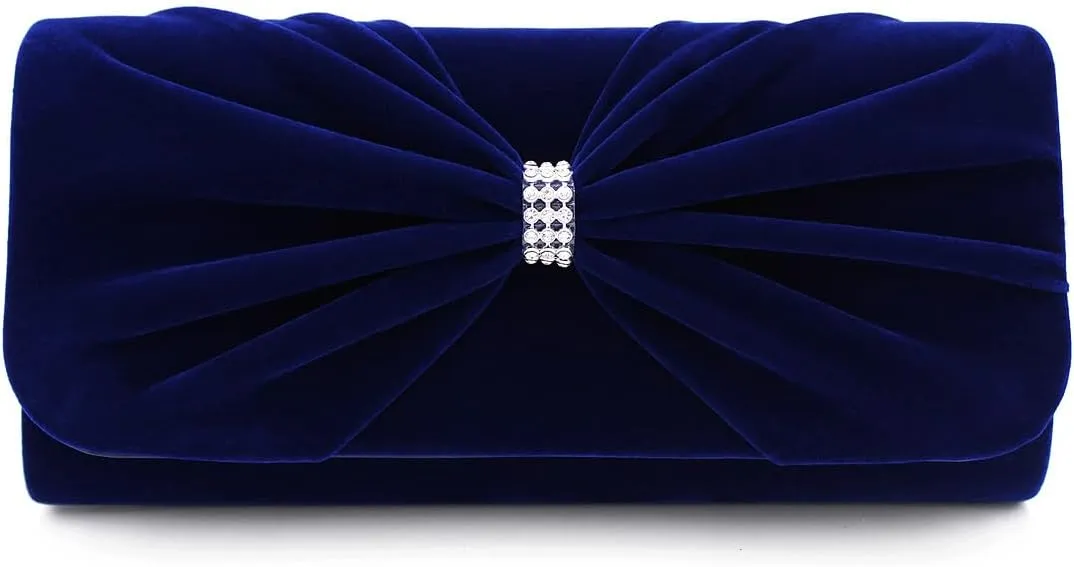 Elegant Rhinestone Bow Front Velvet Clutch Evening Bag Handbag