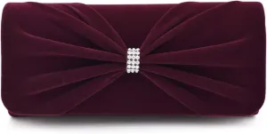 Elegant Rhinestone Bow Front Velvet Clutch Evening Bag Handbag