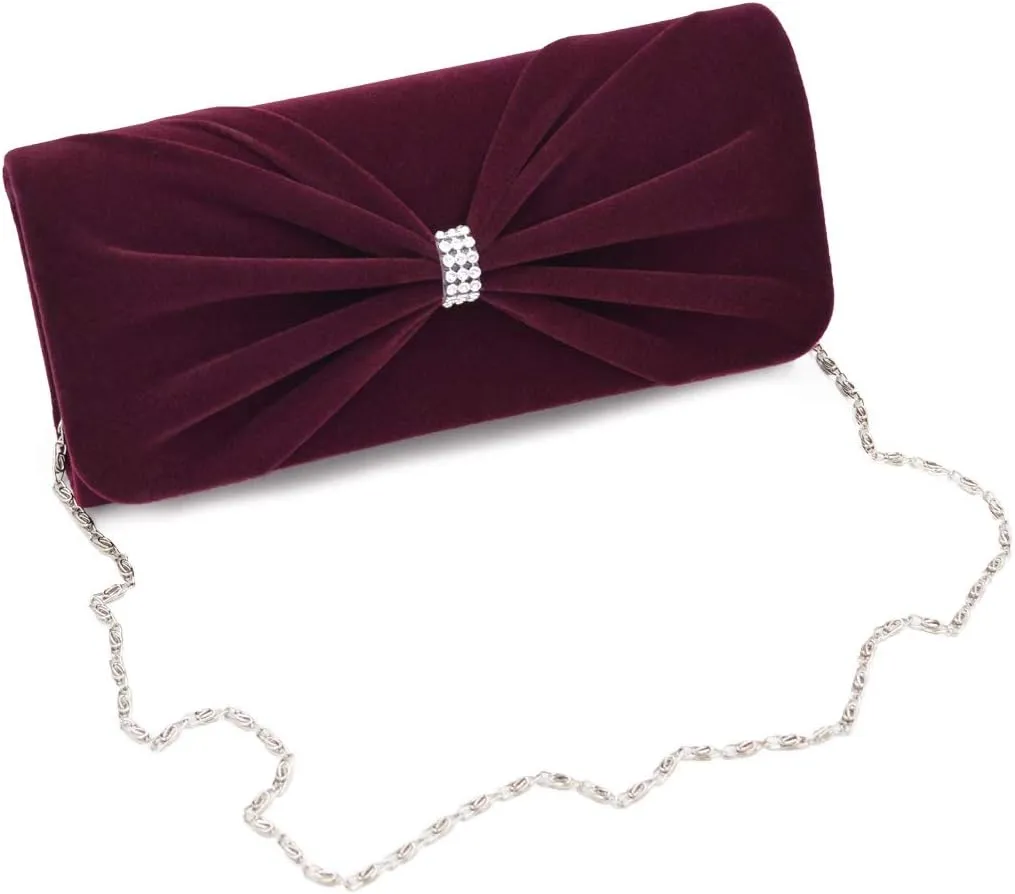 Elegant Rhinestone Bow Front Velvet Clutch Evening Bag Handbag