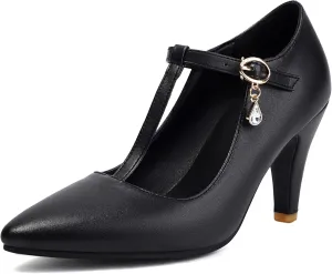 Elegant Women Block Heel T-Strap Pumps Pointed Toe