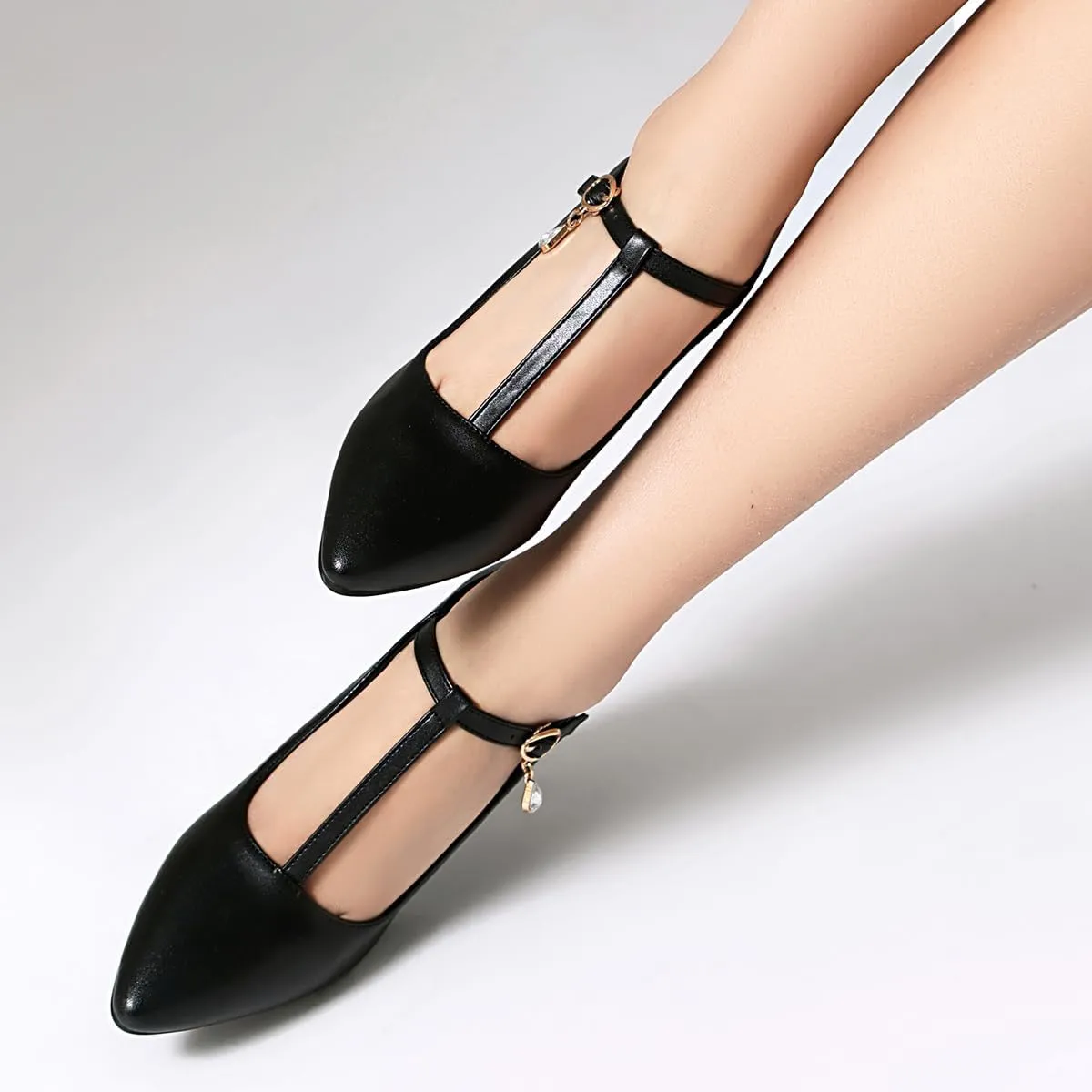 Elegant Women Block Heel T-Strap Pumps Pointed Toe