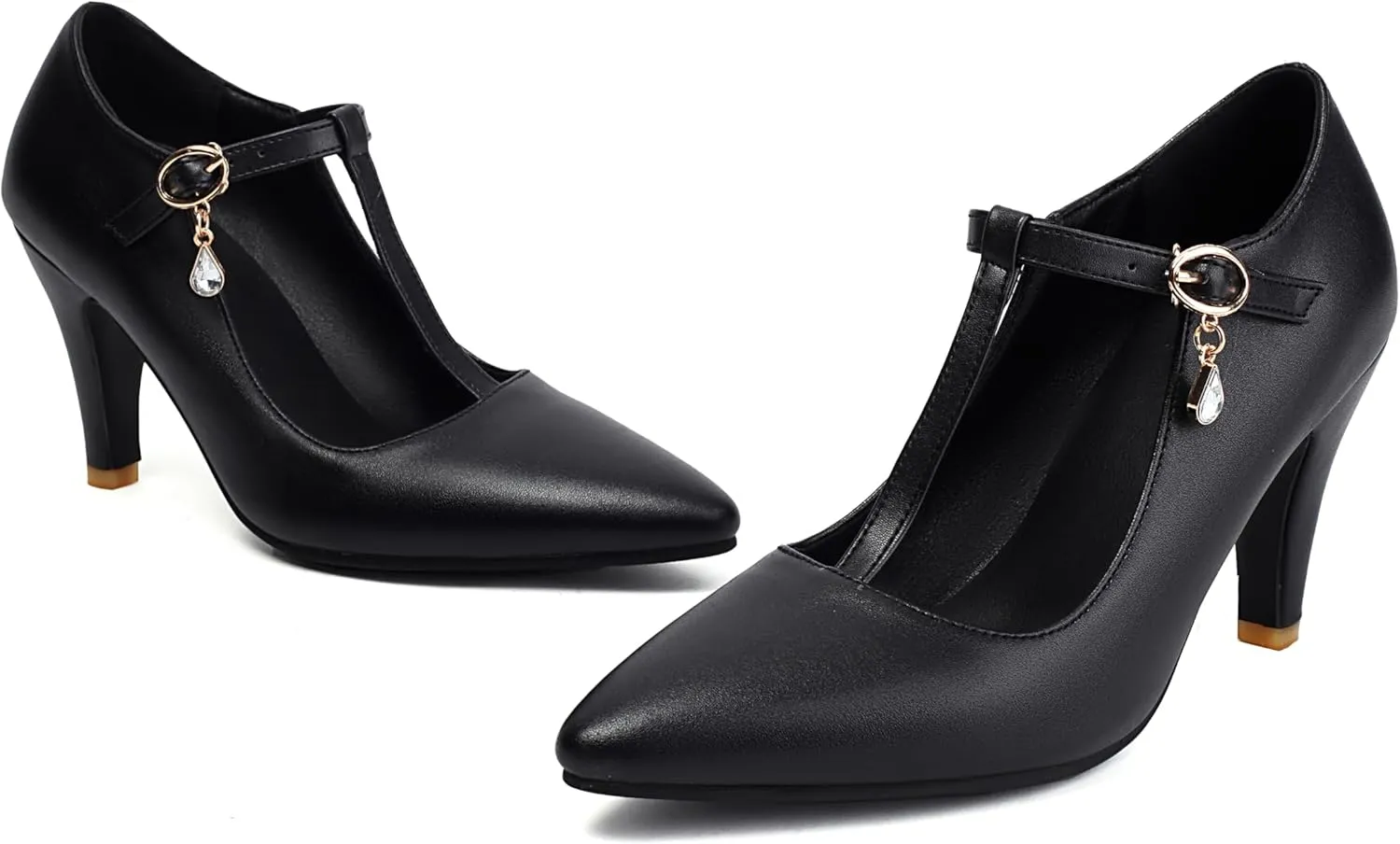 Elegant Women Block Heel T-Strap Pumps Pointed Toe