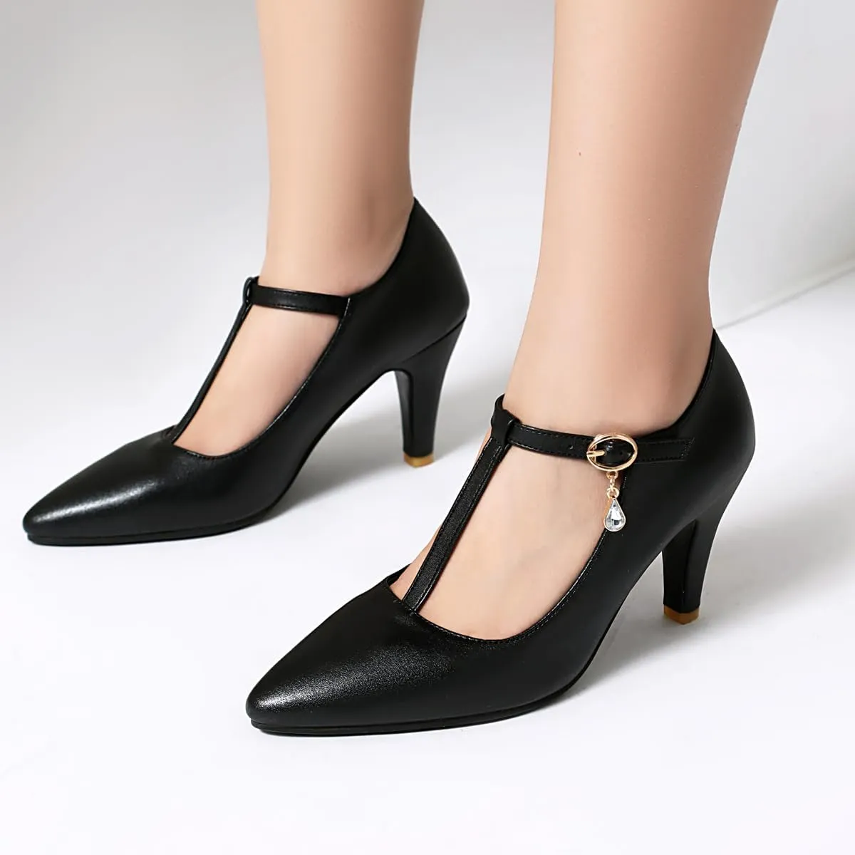 Elegant Women Block Heel T-Strap Pumps Pointed Toe