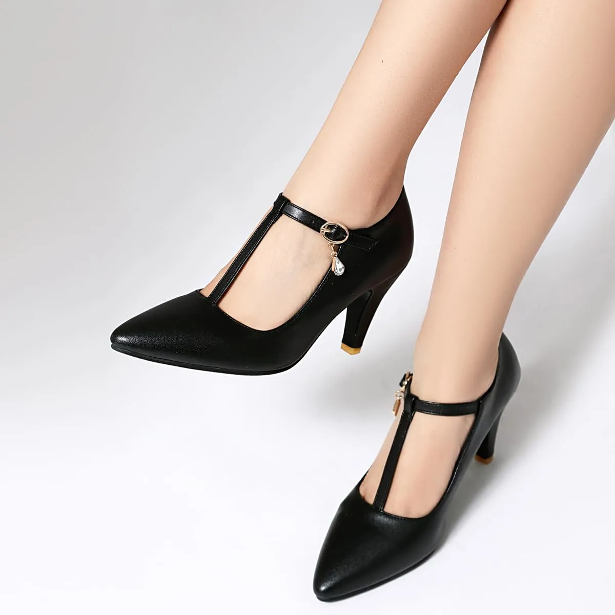 Elegant Women Block Heel T-Strap Pumps Pointed Toe