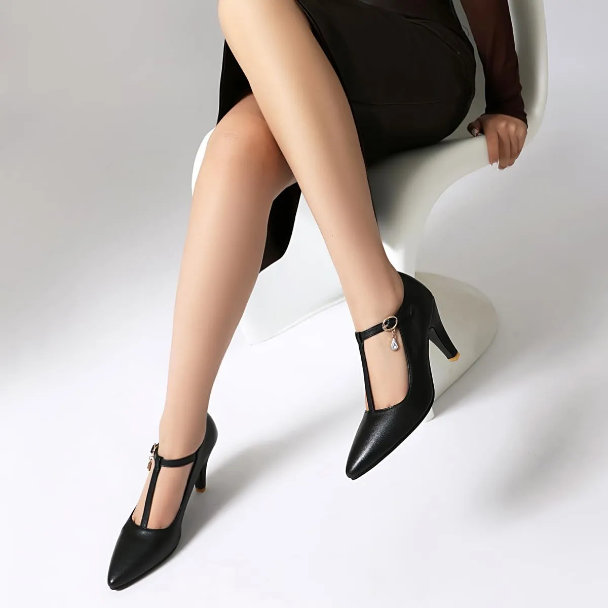 Elegant Women Block Heel T-Strap Pumps Pointed Toe
