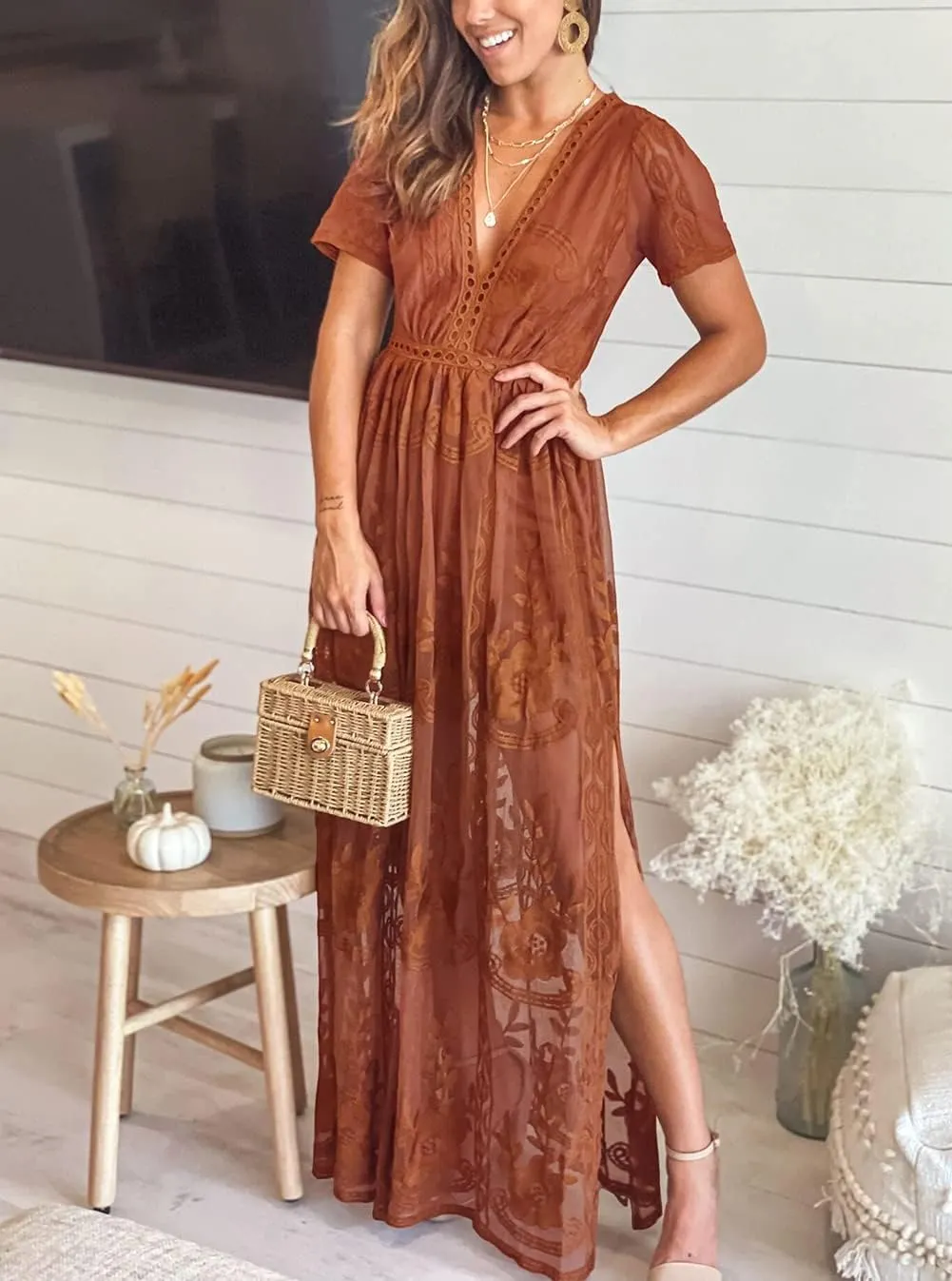 Eleter Women's Deep V-Neck Lace Romper Short Sleeve Long Dress