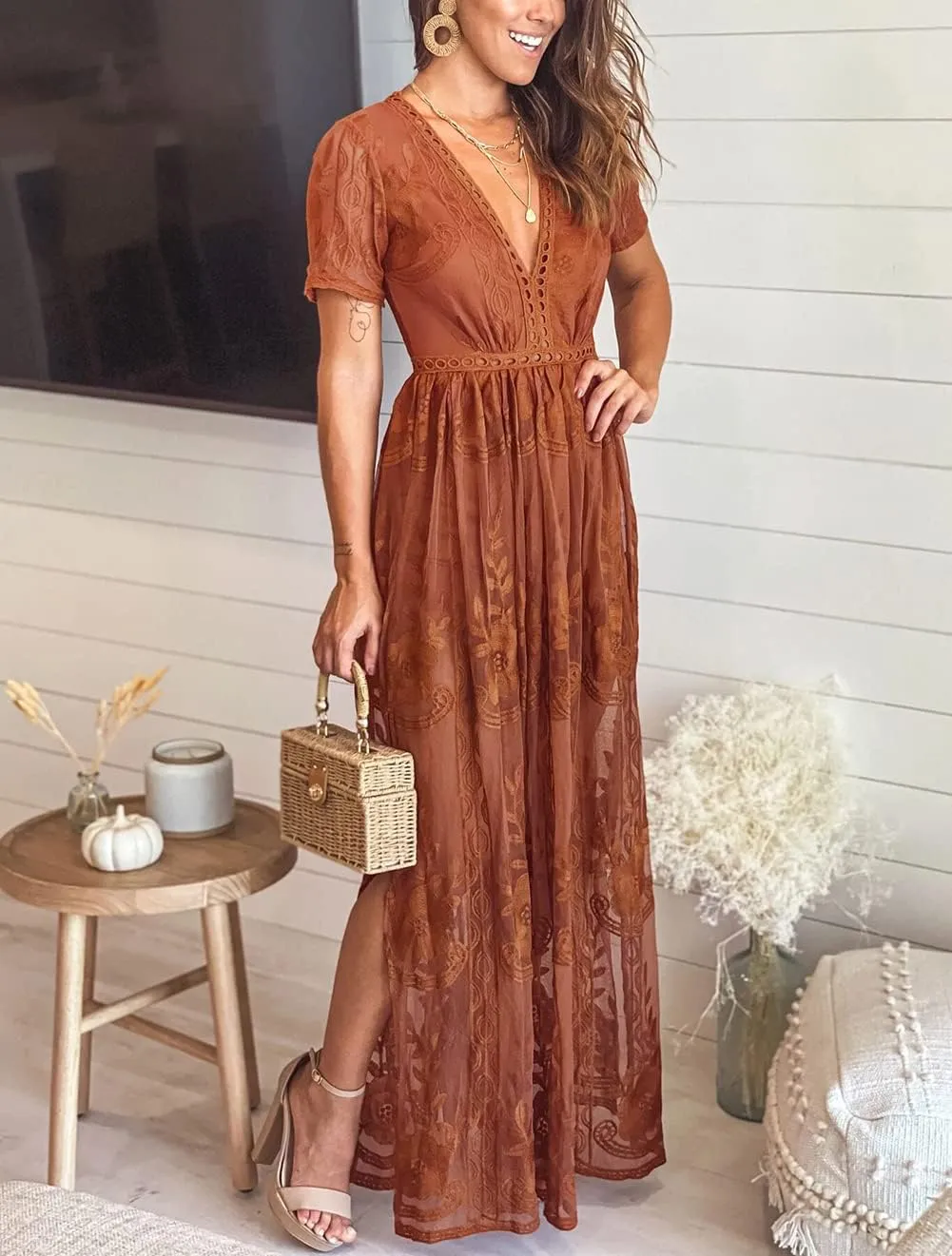 Eleter Women's Deep V-Neck Lace Romper Short Sleeve Long Dress