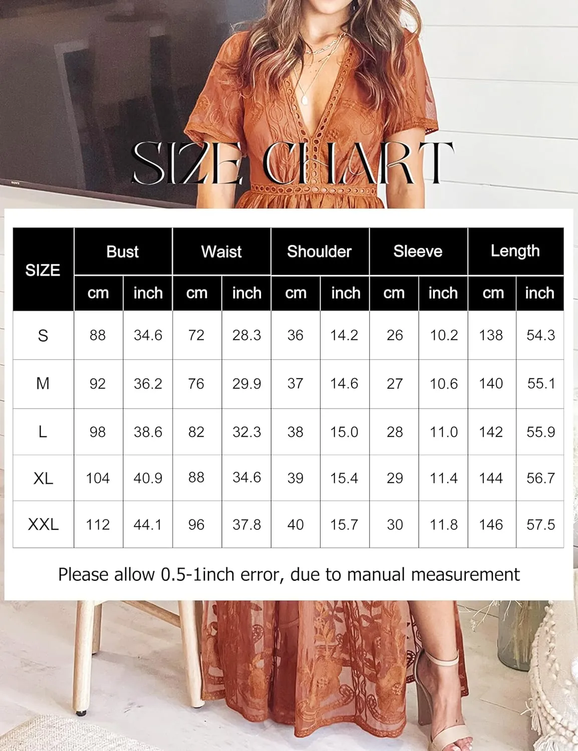 Eleter Women's Deep V-Neck Lace Romper Short Sleeve Long Dress