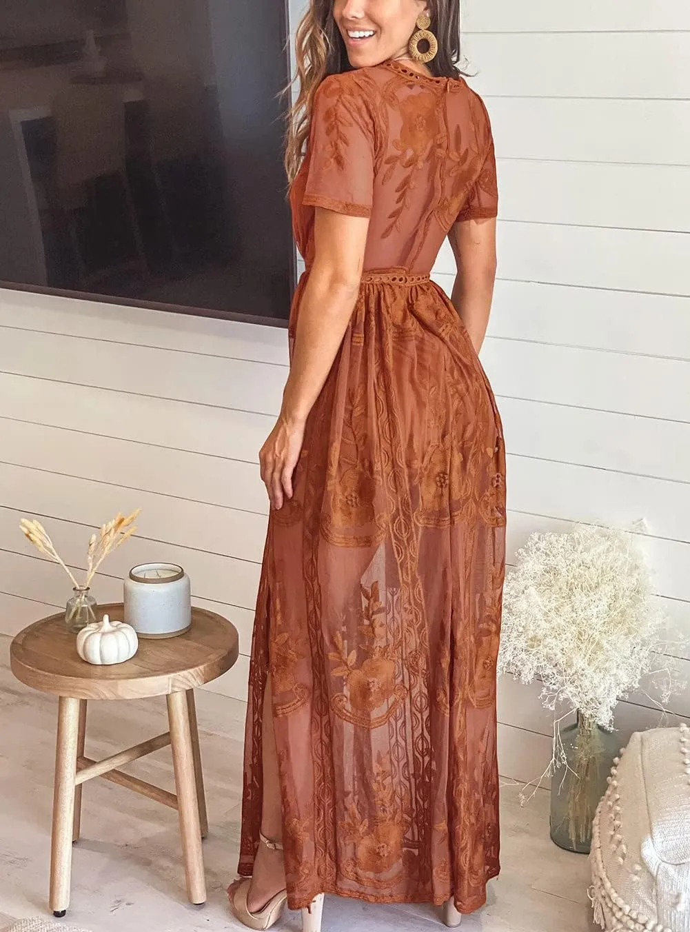 Eleter Women's Deep V-Neck Lace Romper Short Sleeve Long Dress