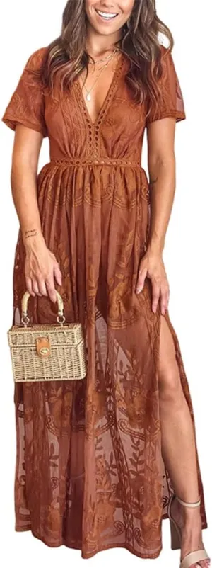Eleter Women's Deep V-Neck Lace Romper Short Sleeve Long Dress