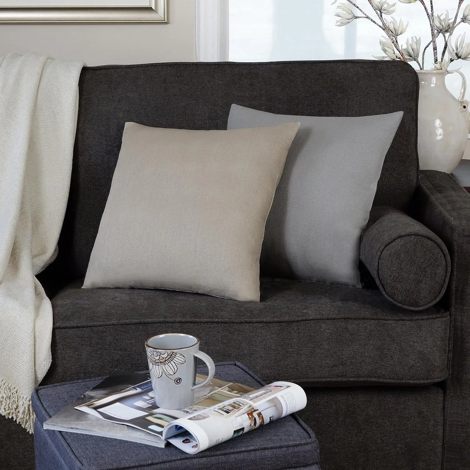 Elrene Home Fashions 26865879971 Decorative Linen Solid Couch/Sofa/Bed Cushion Pillow, 18" x 18", Blue