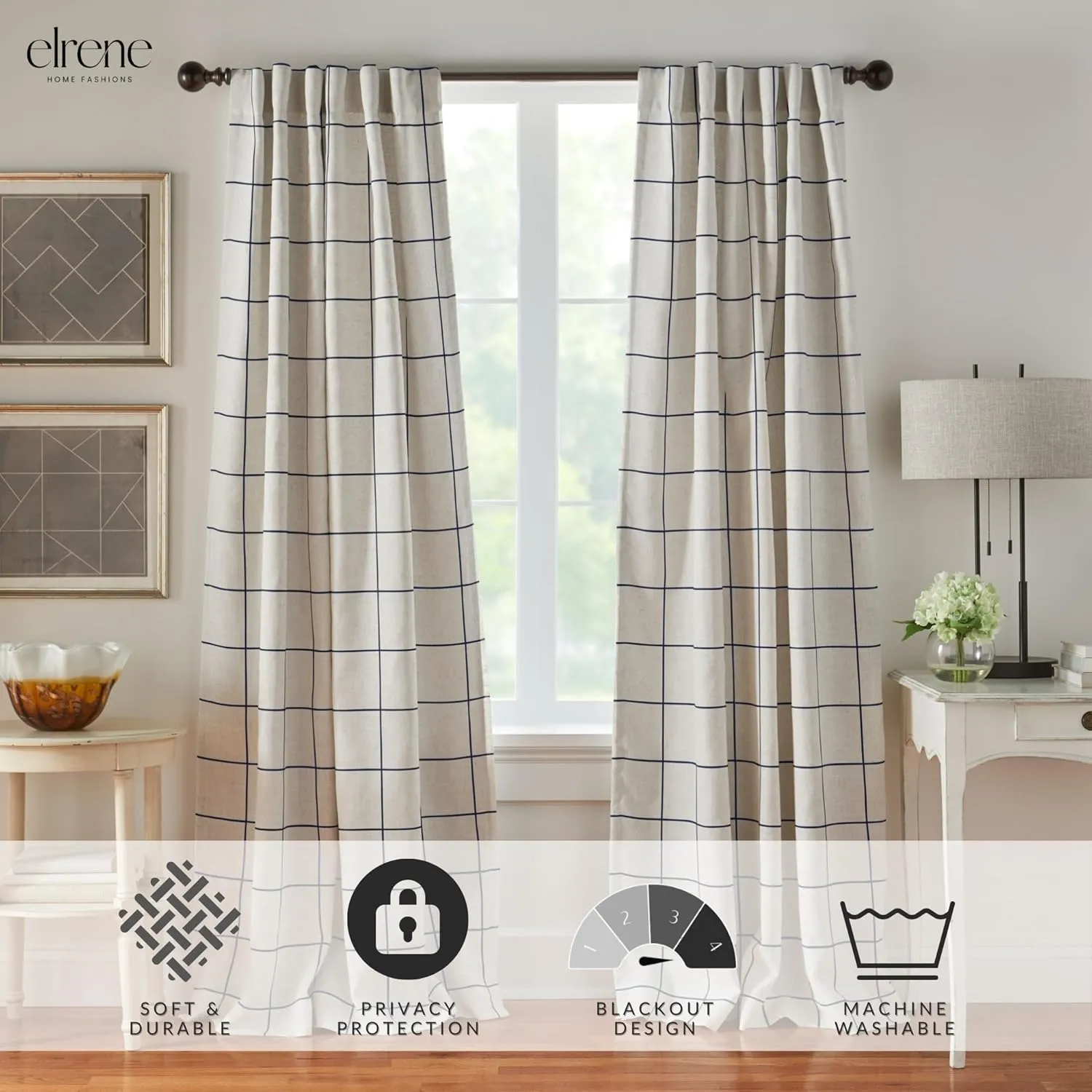 Elrene Home Fashions Brighton Windowpane Plaid Blackout Window Curtain, Living Room and Bedroom Drape with Back Tab and Rod Pocket Tabs, 52"x108", Indigo, 1 Panel