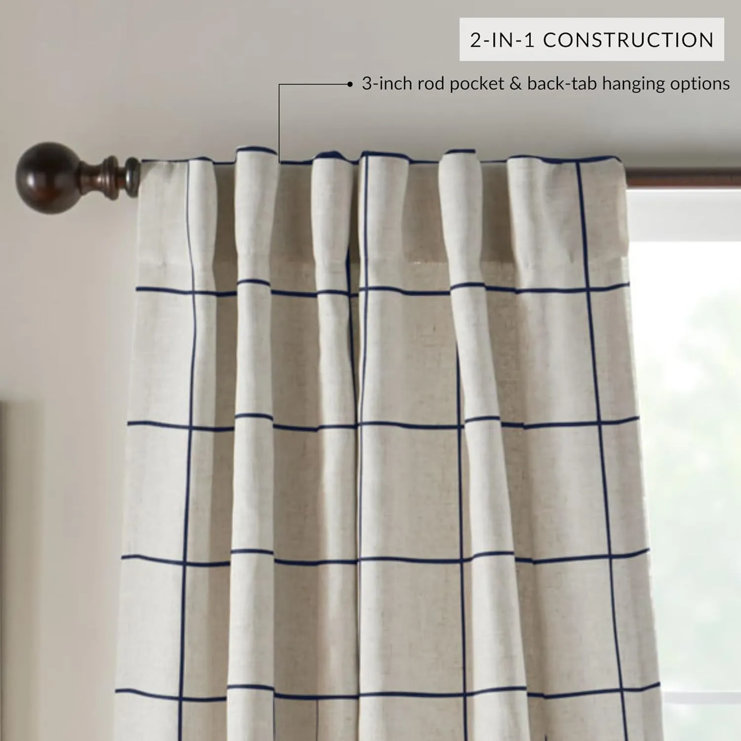 Elrene Home Fashions Brighton Windowpane Plaid Blackout Window Curtain, Living Room and Bedroom Drape with Back Tab and Rod Pocket Tabs, 52"x108", Indigo, 1 Panel