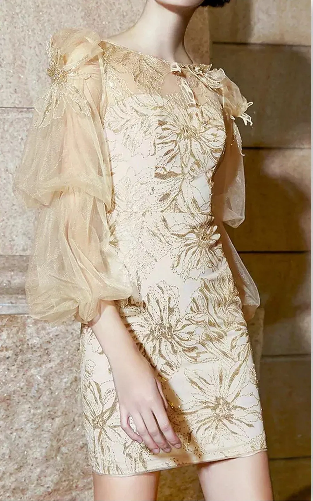 Embellished Balloon-Sleeve Mini Dress
