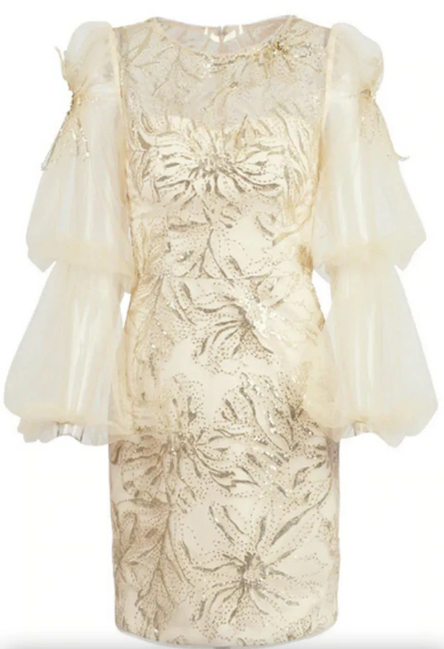 Embellished Balloon-Sleeve Mini Dress