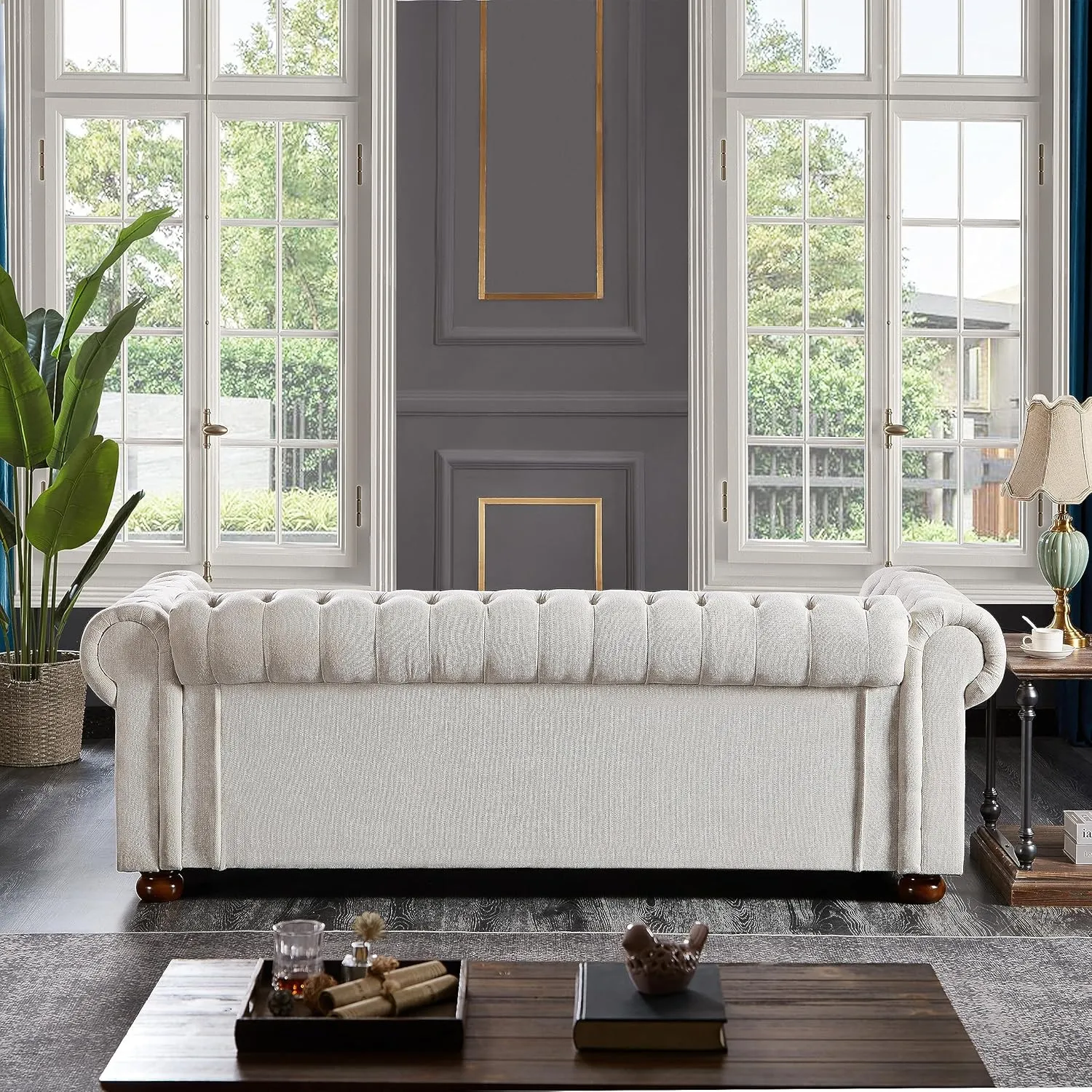 ERYE Clasic Chesterfield 3 Seaters Sofa Couch W/Luxury Roller Armrest Soild Wood Legs Linen Fabric Upholstered Button Tufted Sofa&Couch with Removable Cushions & Nailhead Decor