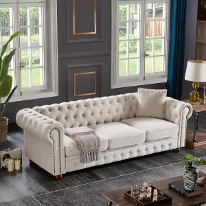 ERYE Clasic Chesterfield 3 Seaters Sofa Couch W/Luxury Roller Armrest Soild Wood Legs Linen Fabric Upholstered Button Tufted Sofa&Couch with Removable Cushions & Nailhead Decor