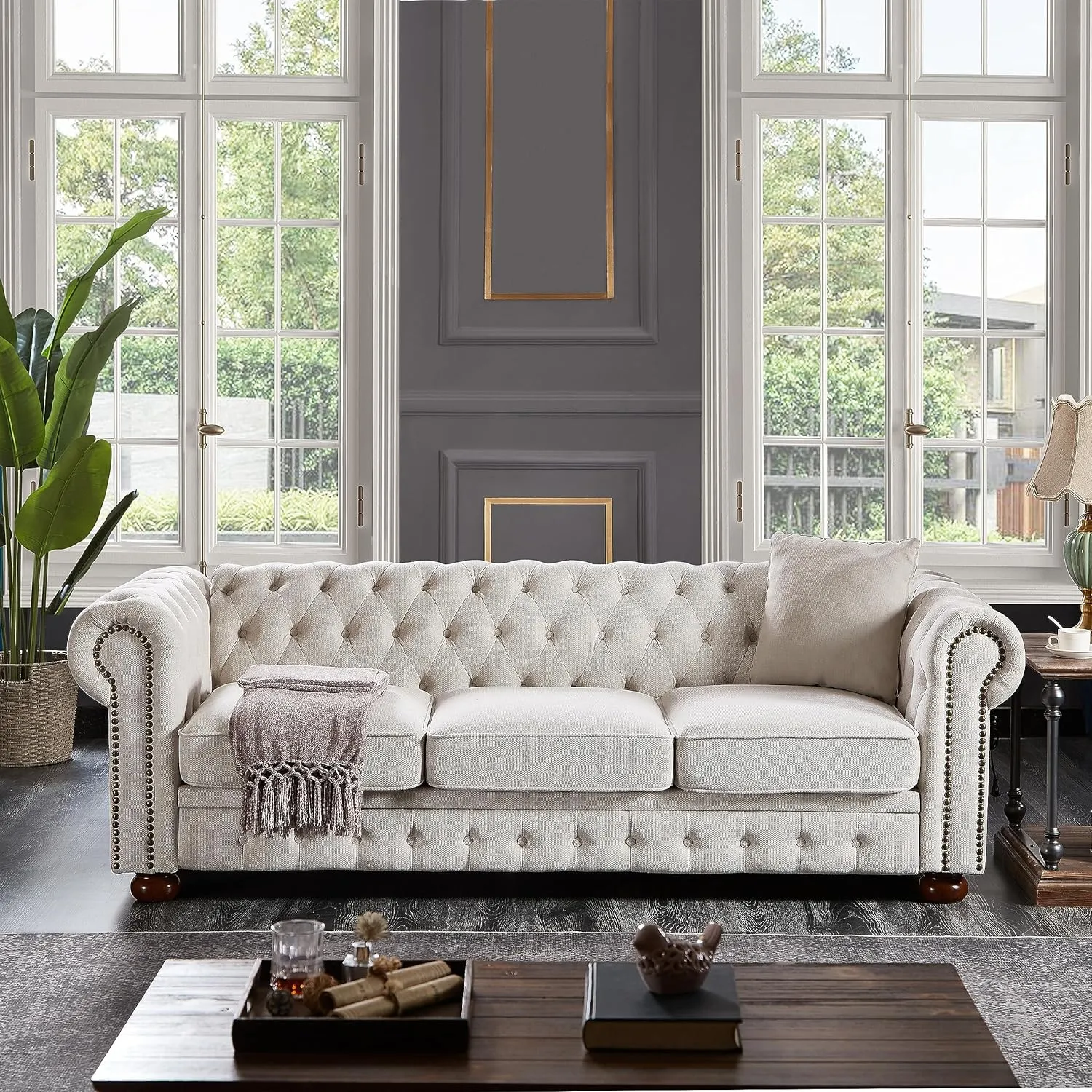ERYE Clasic Chesterfield 3 Seaters Sofa Couch W/Luxury Roller Armrest Soild Wood Legs Linen Fabric Upholstered Button Tufted Sofa&Couch with Removable Cushions & Nailhead Decor