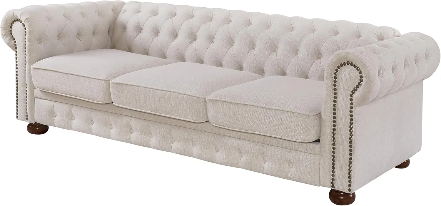 ERYE Clasic Chesterfield 3 Seaters Sofa Couch W/Luxury Roller Armrest Soild Wood Legs Linen Fabric Upholstered Button Tufted Sofa&Couch with Removable Cushions & Nailhead Decor