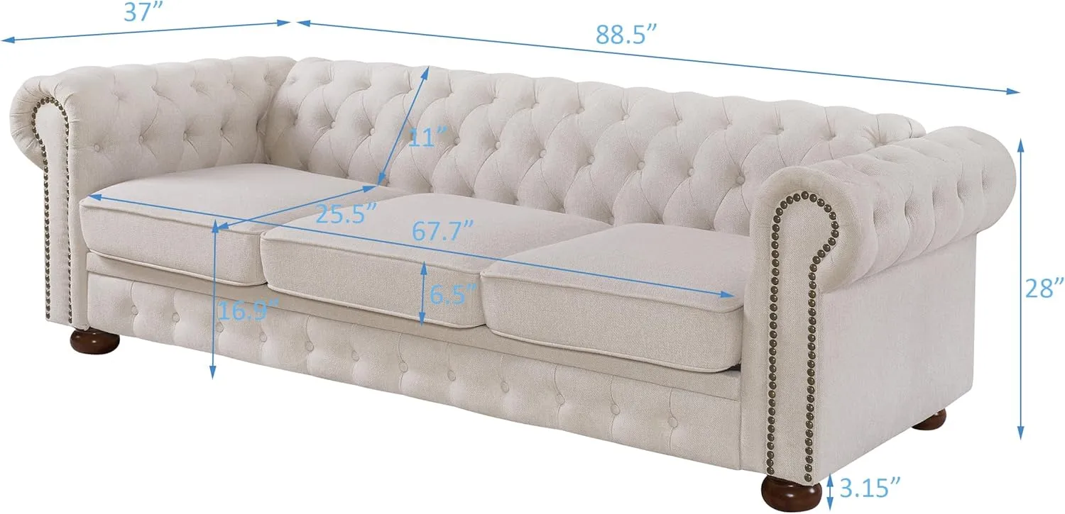 ERYE Clasic Chesterfield 3 Seaters Sofa Couch W/Luxury Roller Armrest Soild Wood Legs Linen Fabric Upholstered Button Tufted Sofa&Couch with Removable Cushions & Nailhead Decor