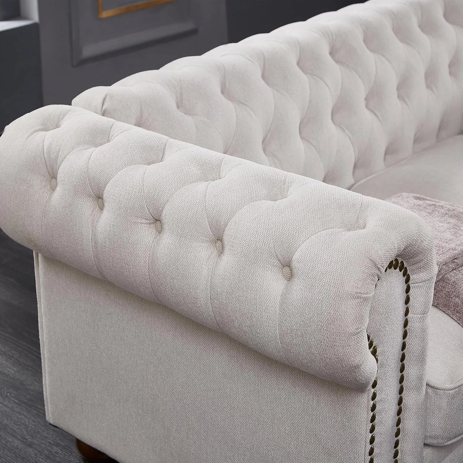 ERYE Clasic Chesterfield 3 Seaters Sofa Couch W/Luxury Roller Armrest Soild Wood Legs Linen Fabric Upholstered Button Tufted Sofa&Couch with Removable Cushions & Nailhead Decor