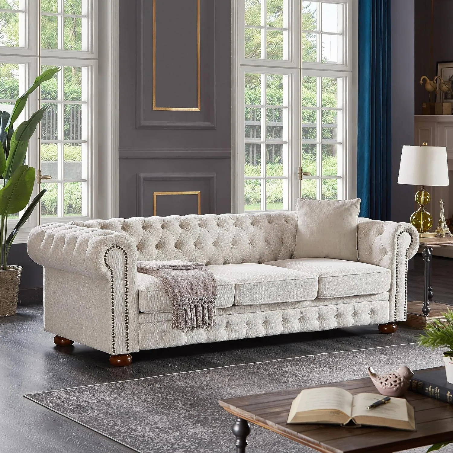 ERYE Clasic Chesterfield 3 Seaters Sofa Couch W/Luxury Roller Armrest Soild Wood Legs Linen Fabric Upholstered Button Tufted Sofa&Couch with Removable Cushions & Nailhead Decor
