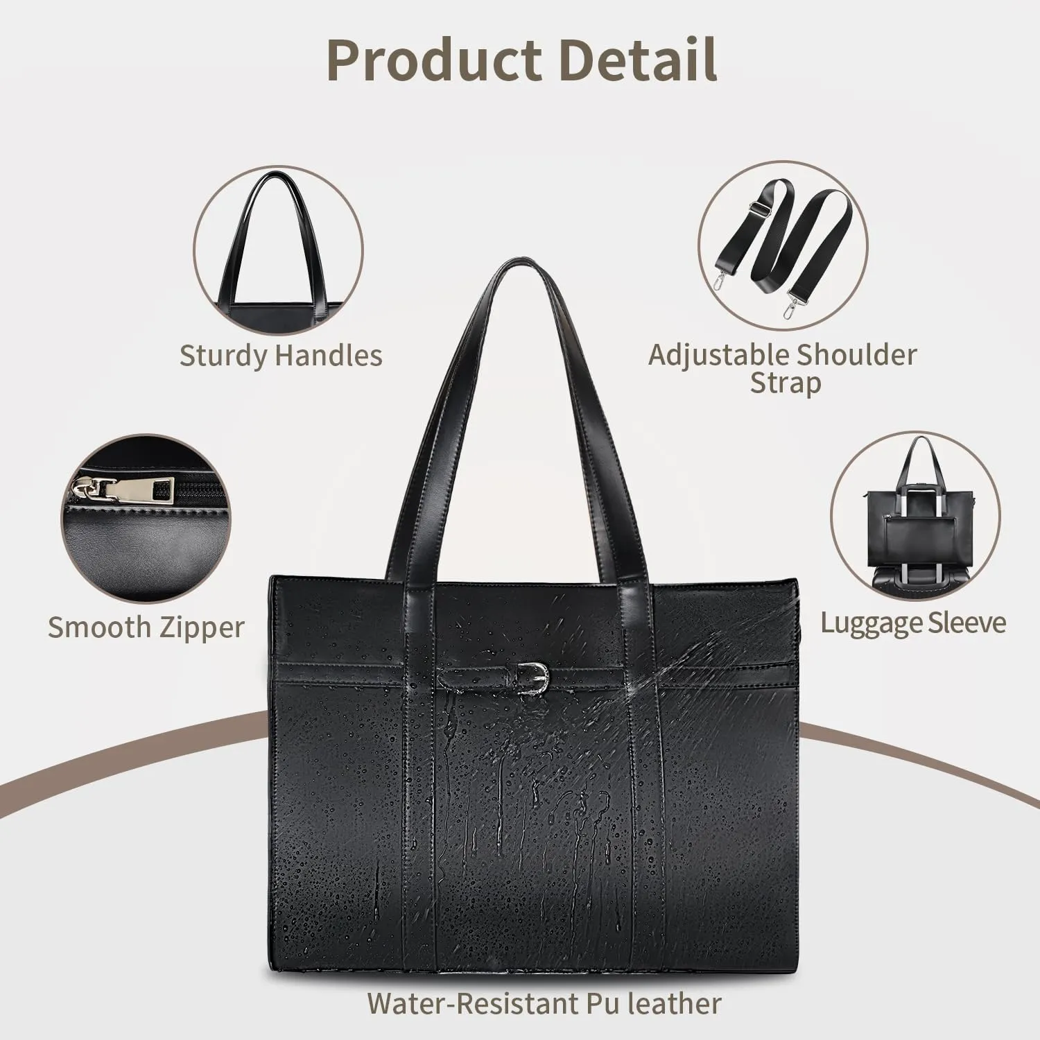 ESTARER Women's Laptop Leather Bag, 15.6 Inch Teacher Tote Bag with Removable Laptop Sleeve, Large Water-Resistant Shoulder Laptop Bag for Work/Travel/Office (3Pcs, Black)