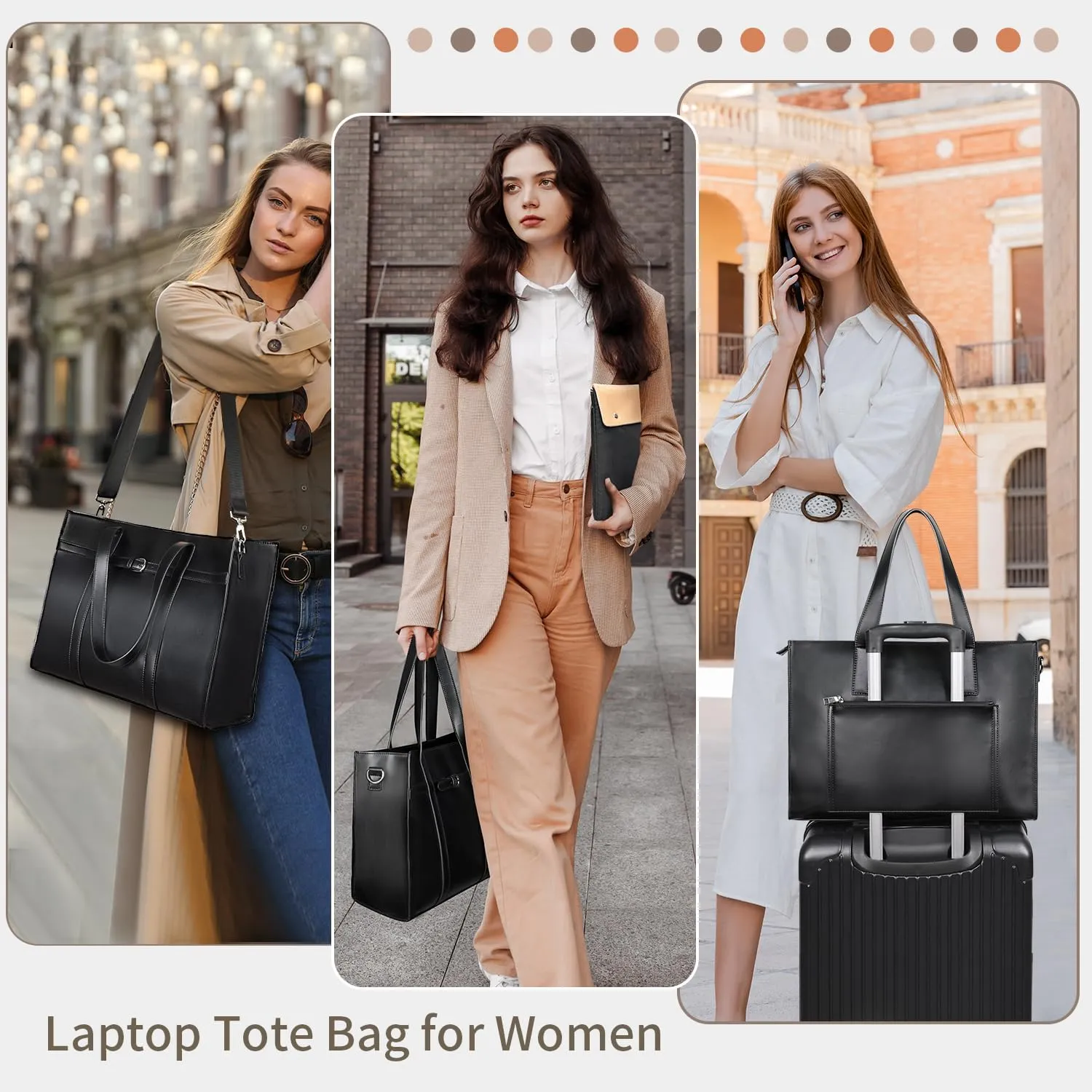 ESTARER Women's Laptop Leather Bag, 15.6 Inch Teacher Tote Bag with Removable Laptop Sleeve, Large Water-Resistant Shoulder Laptop Bag for Work/Travel/Office (3Pcs, Black)
