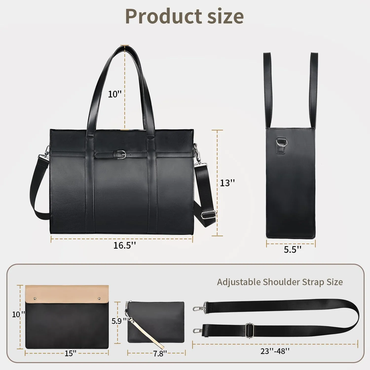ESTARER Women's Laptop Leather Bag, 15.6 Inch Teacher Tote Bag with Removable Laptop Sleeve, Large Water-Resistant Shoulder Laptop Bag for Work/Travel/Office (3Pcs, Black)