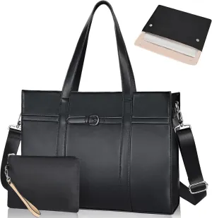 ESTARER Women's Laptop Leather Bag, 15.6 Inch Teacher Tote Bag with Removable Laptop Sleeve, Large Water-Resistant Shoulder Laptop Bag for Work/Travel/Office (3Pcs, Black)