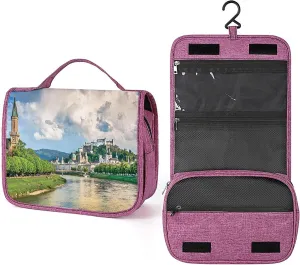 European Pattern,Makeup Bag Cosmetic Travel Bag with Hanging Hook,Cloudy Sky and River in Austria,Water-resistant Make Up Bag Organizer for Brushes,Full-size Container,Toiletries,Green Blue