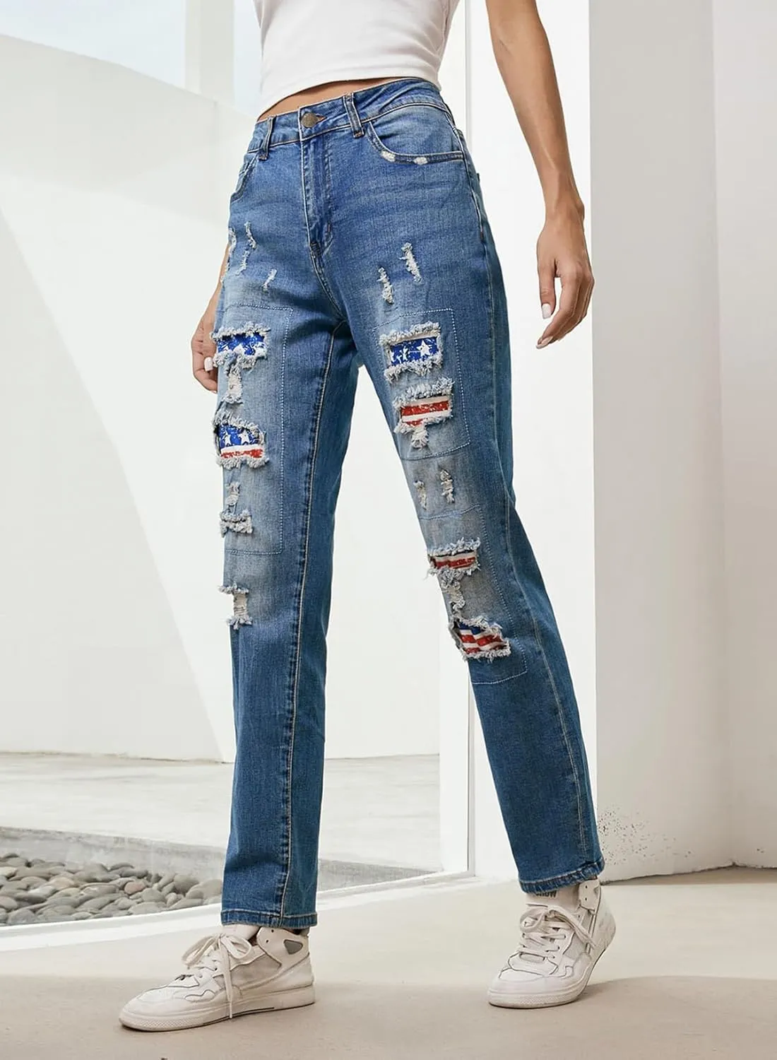 EVALESS Ripped Jeans for Women Plaid Patch Boyfriend Skinny Distressed Denim Jean Pants