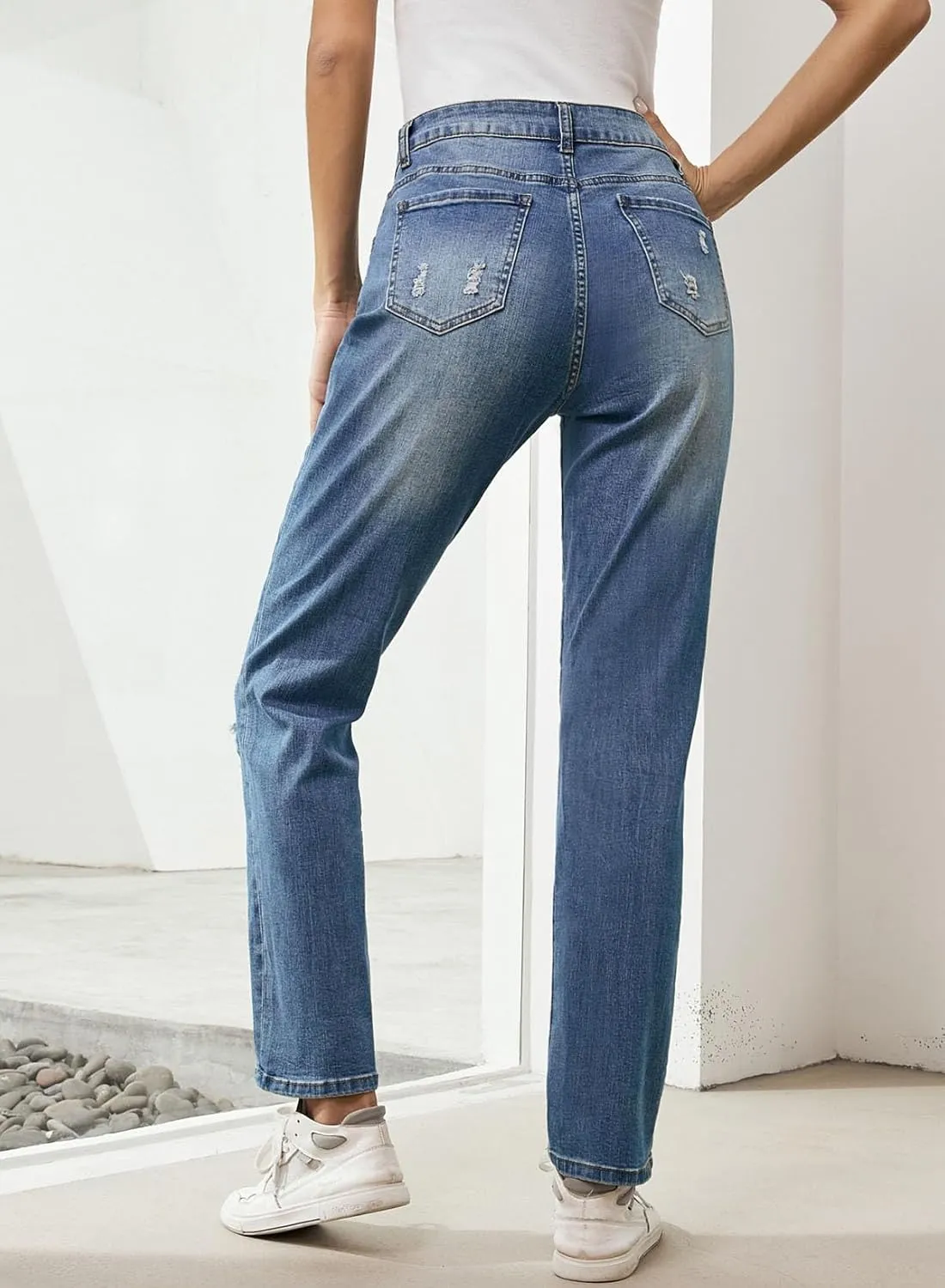 EVALESS Ripped Jeans for Women Plaid Patch Boyfriend Skinny Distressed Denim Jean Pants