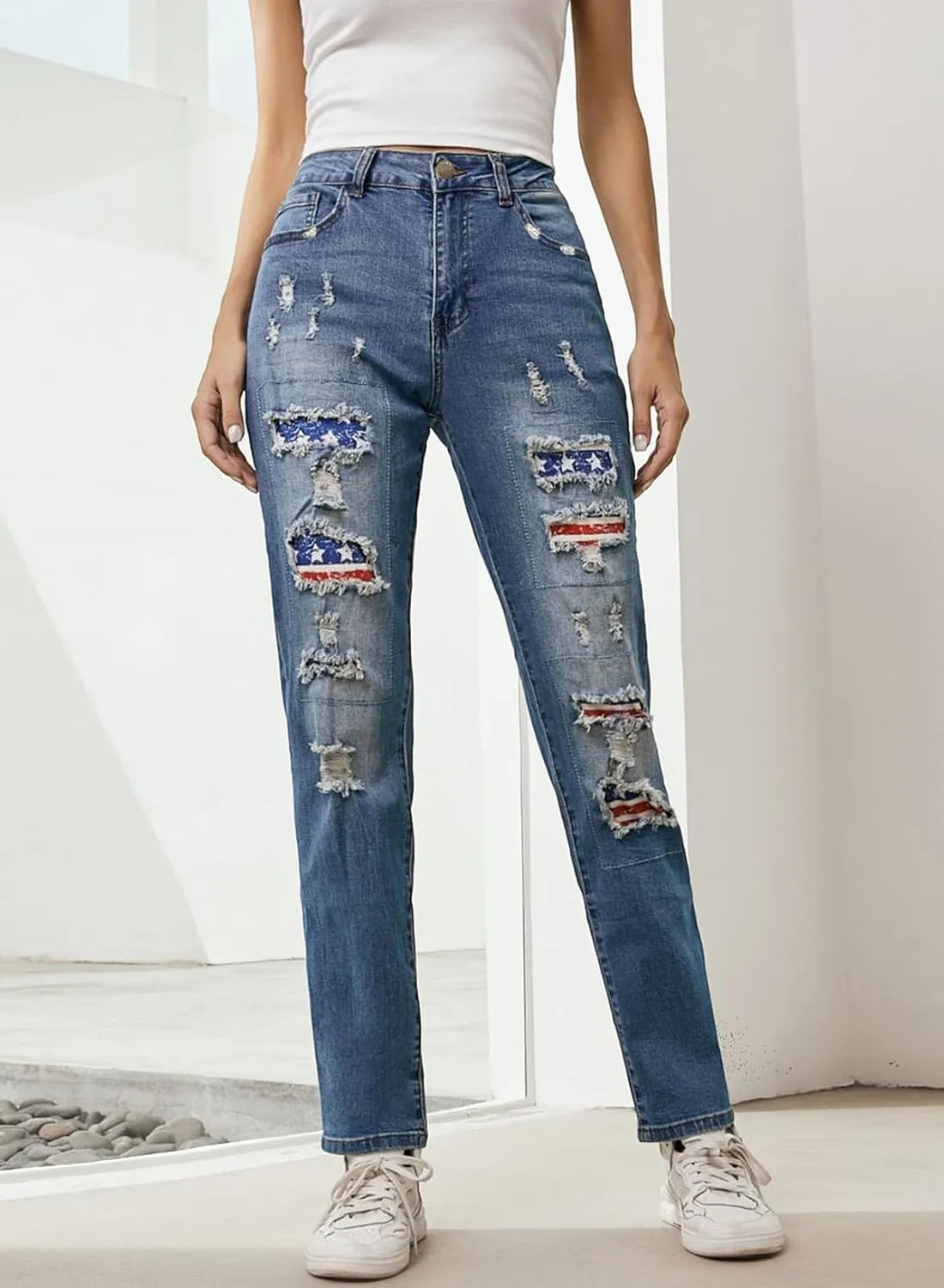 EVALESS Ripped Jeans for Women Plaid Patch Boyfriend Skinny Distressed Denim Jean Pants