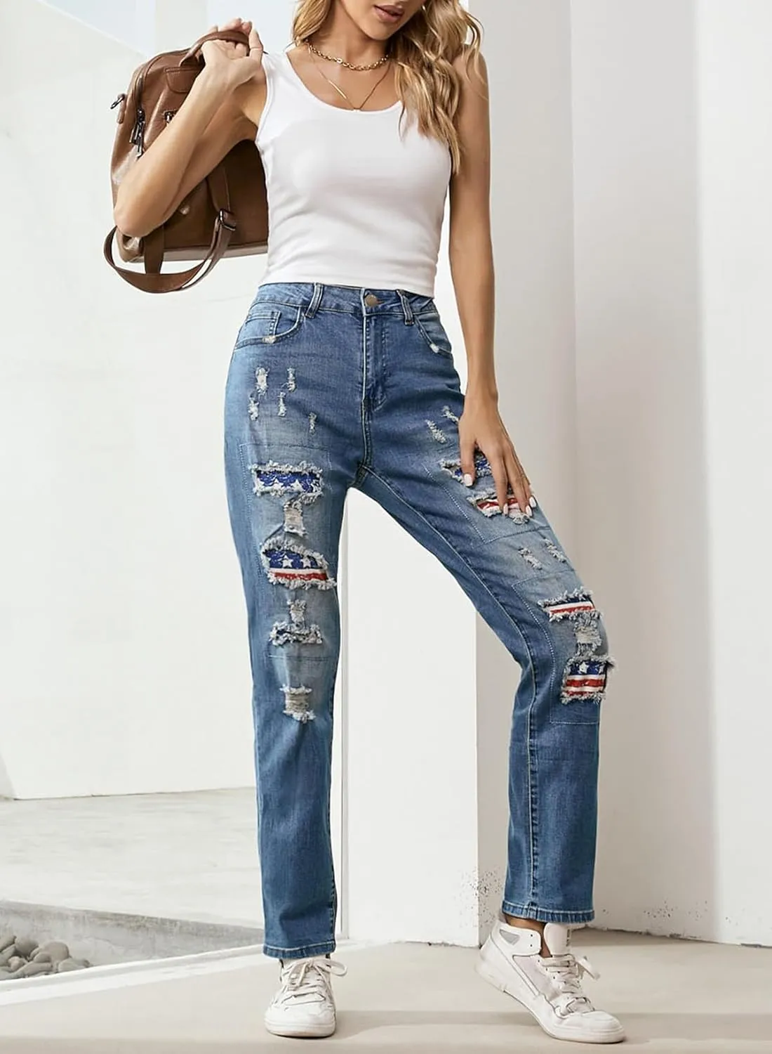 EVALESS Ripped Jeans for Women Plaid Patch Boyfriend Skinny Distressed Denim Jean Pants