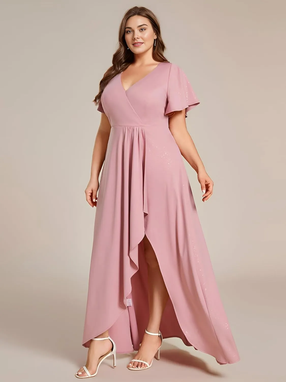 Ever-Pretty Plus Sparkle V Neck A Line Ruffle Sleeve High Low Glitter Cocktail Wedding Guest Dresses for Curvy Women