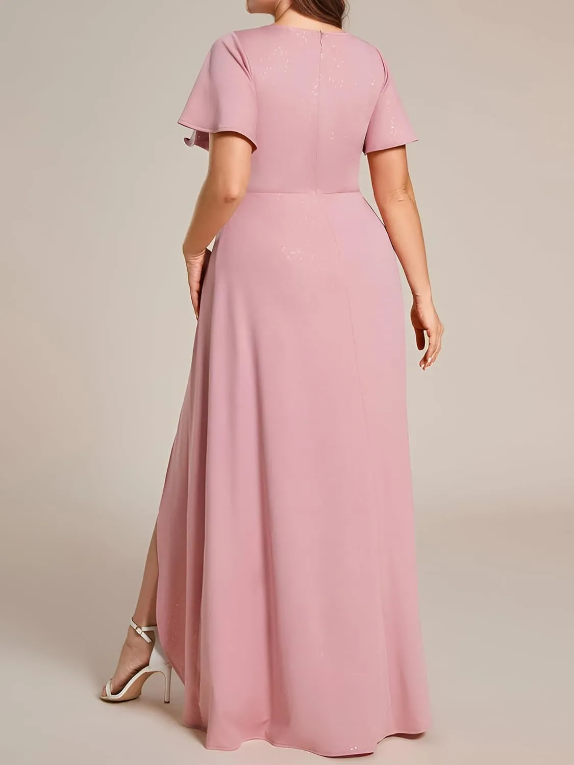 Ever-Pretty Plus Sparkle V Neck A Line Ruffle Sleeve High Low Glitter Cocktail Wedding Guest Dresses for Curvy Women