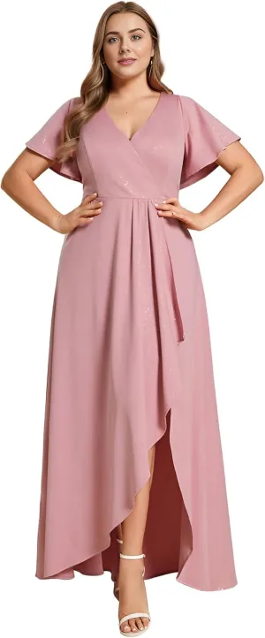 Ever-Pretty Plus Sparkle V Neck A Line Ruffle Sleeve High Low Glitter Cocktail Wedding Guest Dresses for Curvy Women