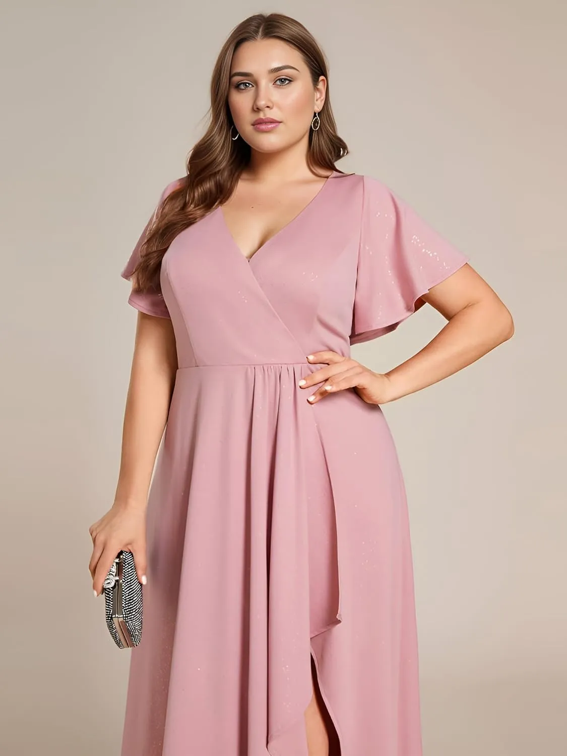 Ever-Pretty Plus Sparkle V Neck A Line Ruffle Sleeve High Low Glitter Cocktail Wedding Guest Dresses for Curvy Women