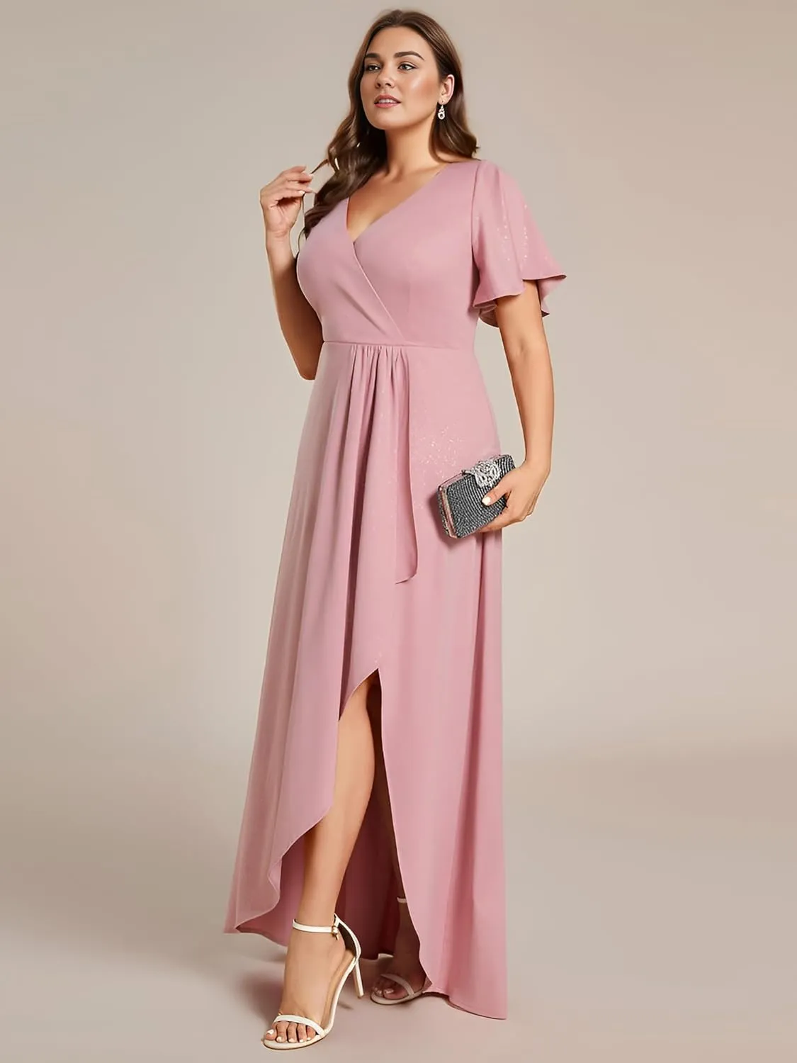 Ever-Pretty Plus Sparkle V Neck A Line Ruffle Sleeve High Low Glitter Cocktail Wedding Guest Dresses for Curvy Women