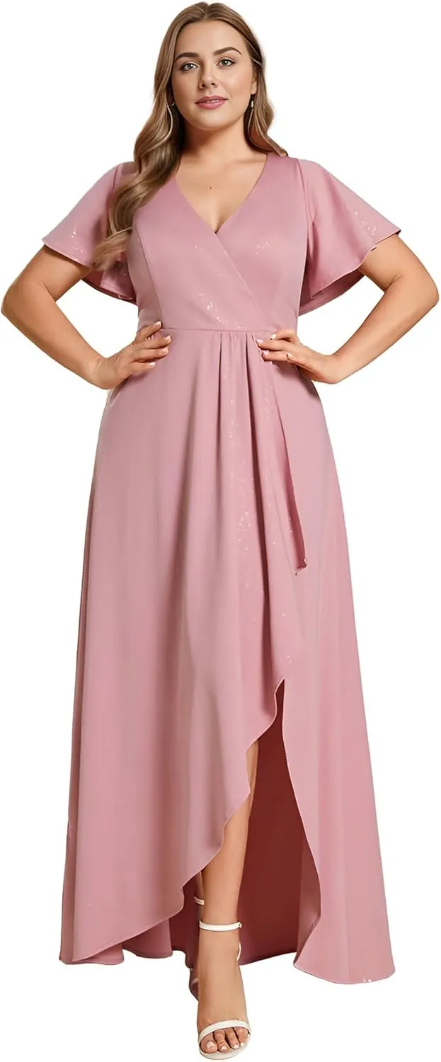 Ever-Pretty Plus Sparkle V Neck A Line Ruffle Sleeve High Low Glitter Cocktail Wedding Guest Dresses for Curvy Women