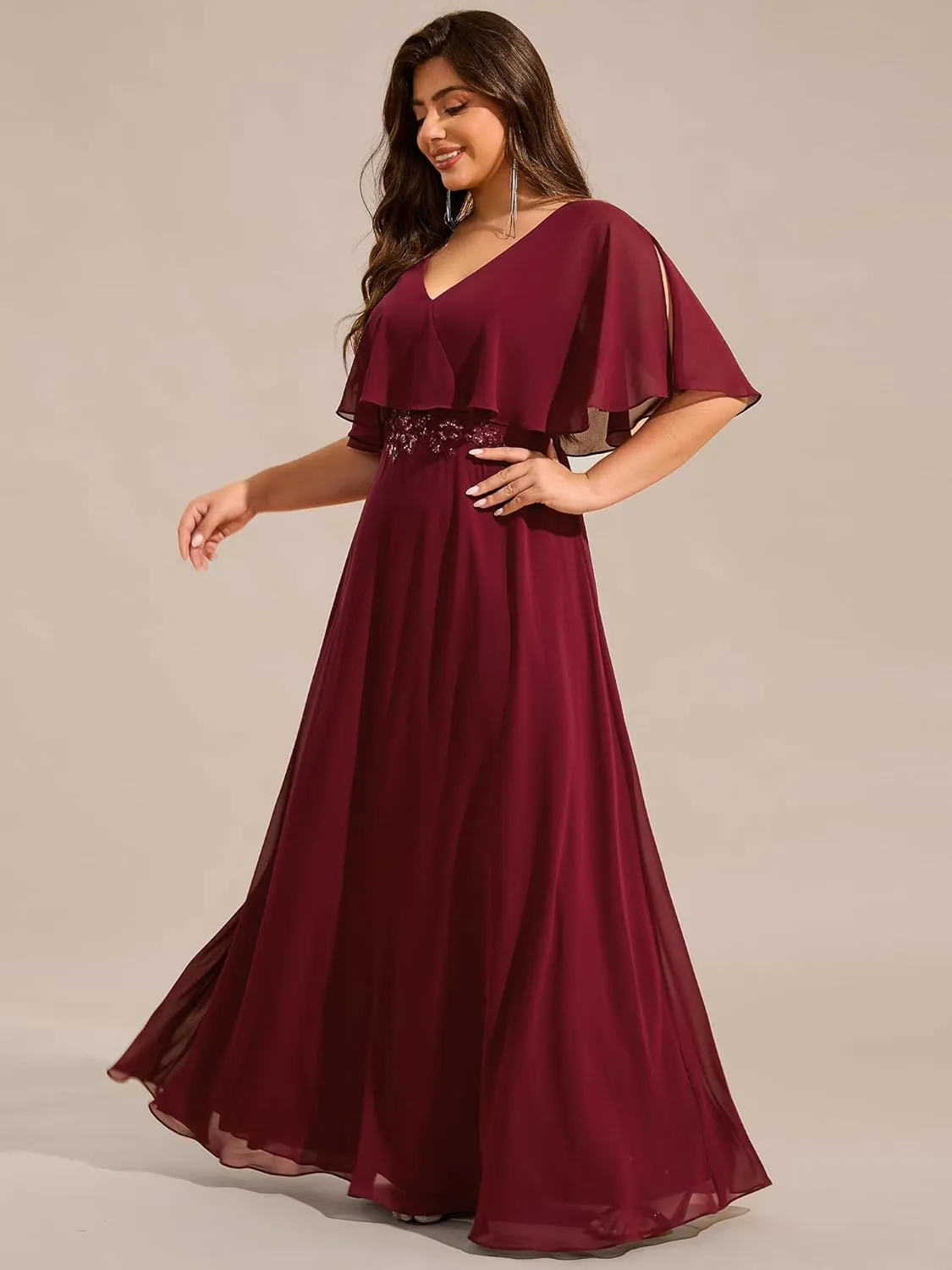 Ever-Pretty Plus Women's Ball Gown V-Neck A Line Chiffon Applique Shawl Short Sleeves Maxi Plus Size Formal Dresses 02289-DA
