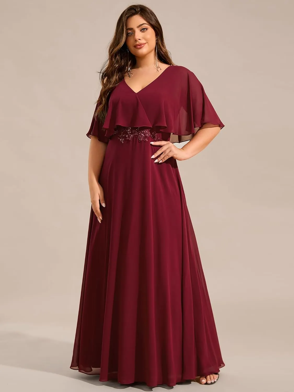 Ever-Pretty Plus Women's Ball Gown V-Neck A Line Chiffon Applique Shawl Short Sleeves Maxi Plus Size Formal Dresses 02289-DA